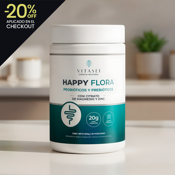 Happy Flora – fórmula integral de probióticos, prebióticos, magnesio y zinc - 20% de dcto. aplicado en el checkout
