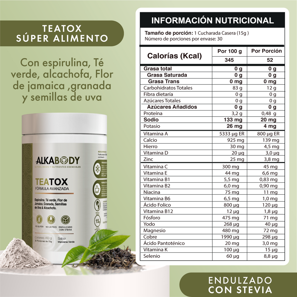 Teatox - con espirulina, té verde, alcachofa, flor de jamaica y granada