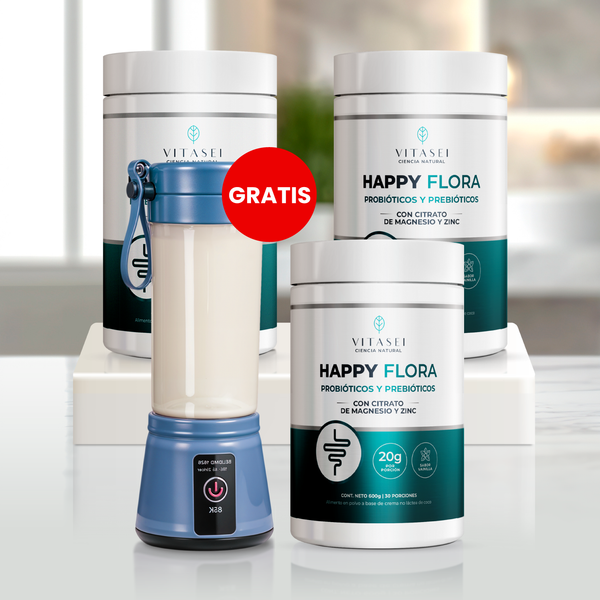 Happy Flora x3 – fórmula de probióticos, prebióticos, magnesio y zinc + GRATIS mini licuadora portátil