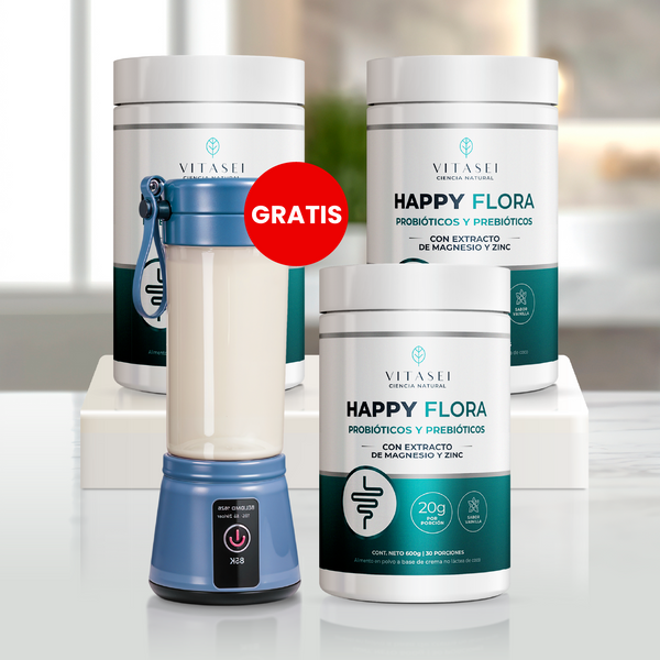 Happy Flora x3 – fórmula de probióticos, prebióticos, magnesio y zinc + GRATIS mini licuadora portátil